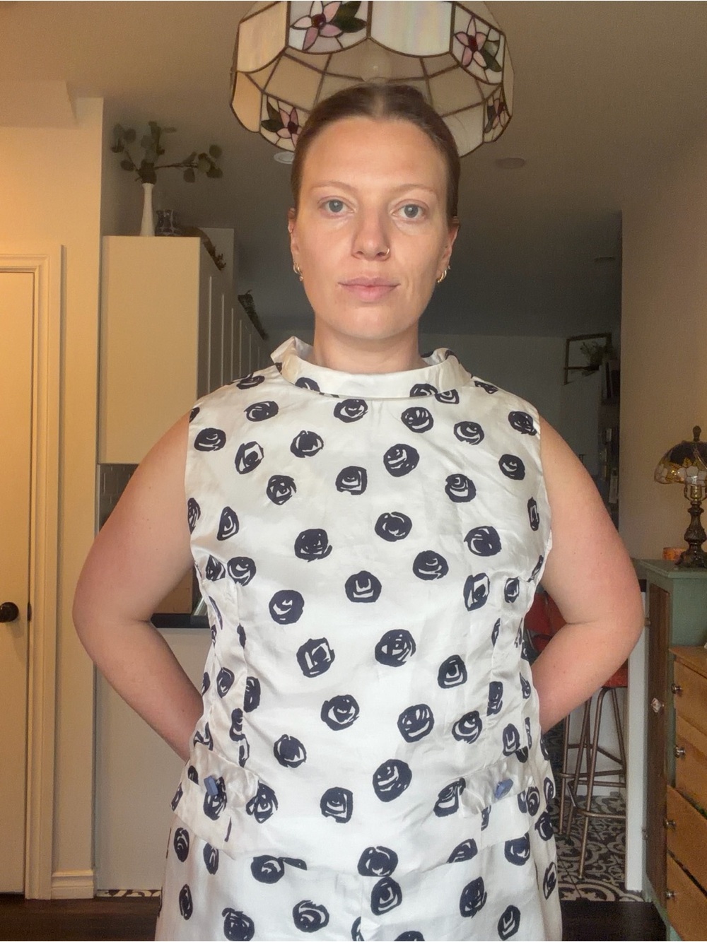 Vintage White Ivory 2 piece dress with dark purple flower pattern with buttons - Picture 10 of 17